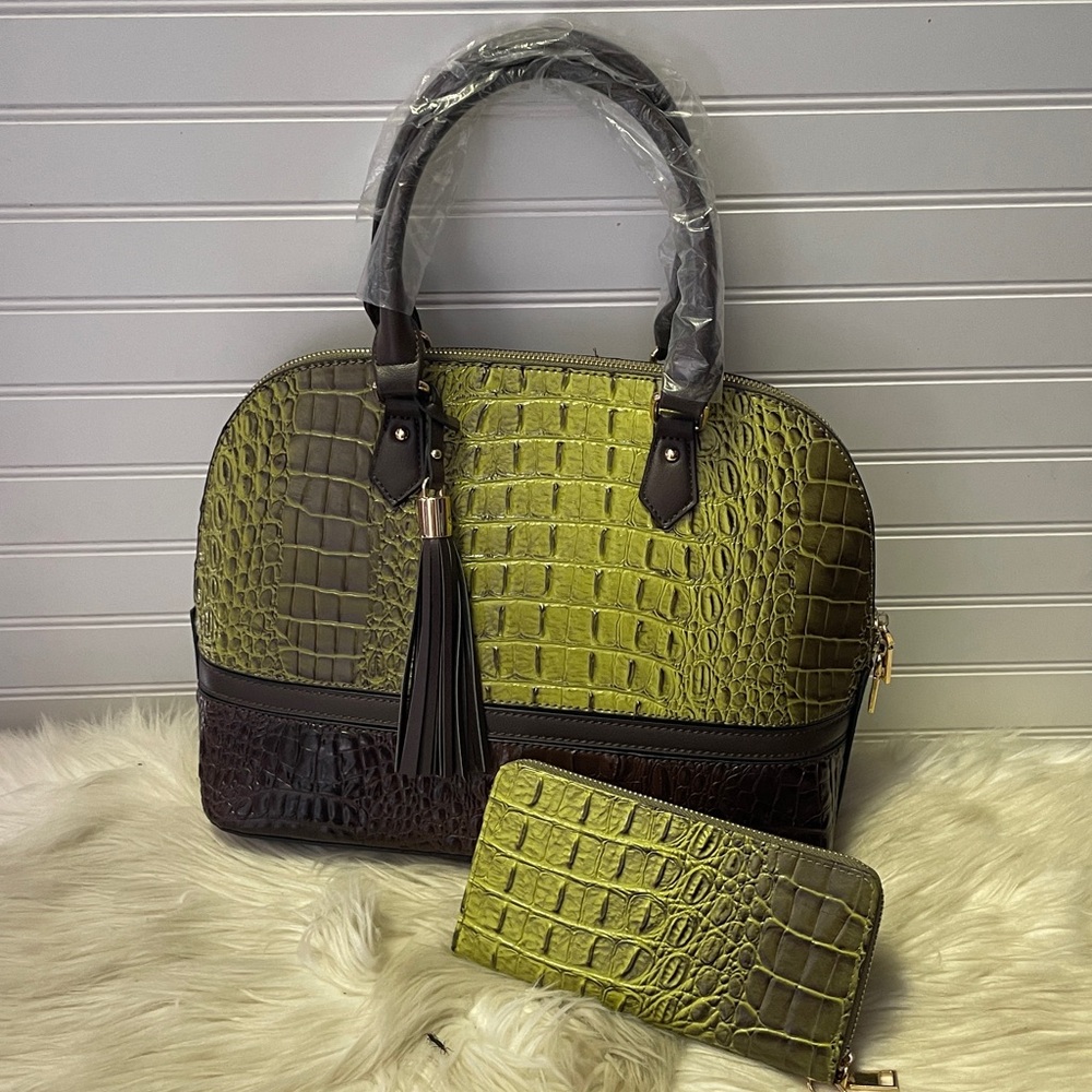 Fashion Two Tone Olive & Coffee Alma Vegan Leather Satchel Handbag Set